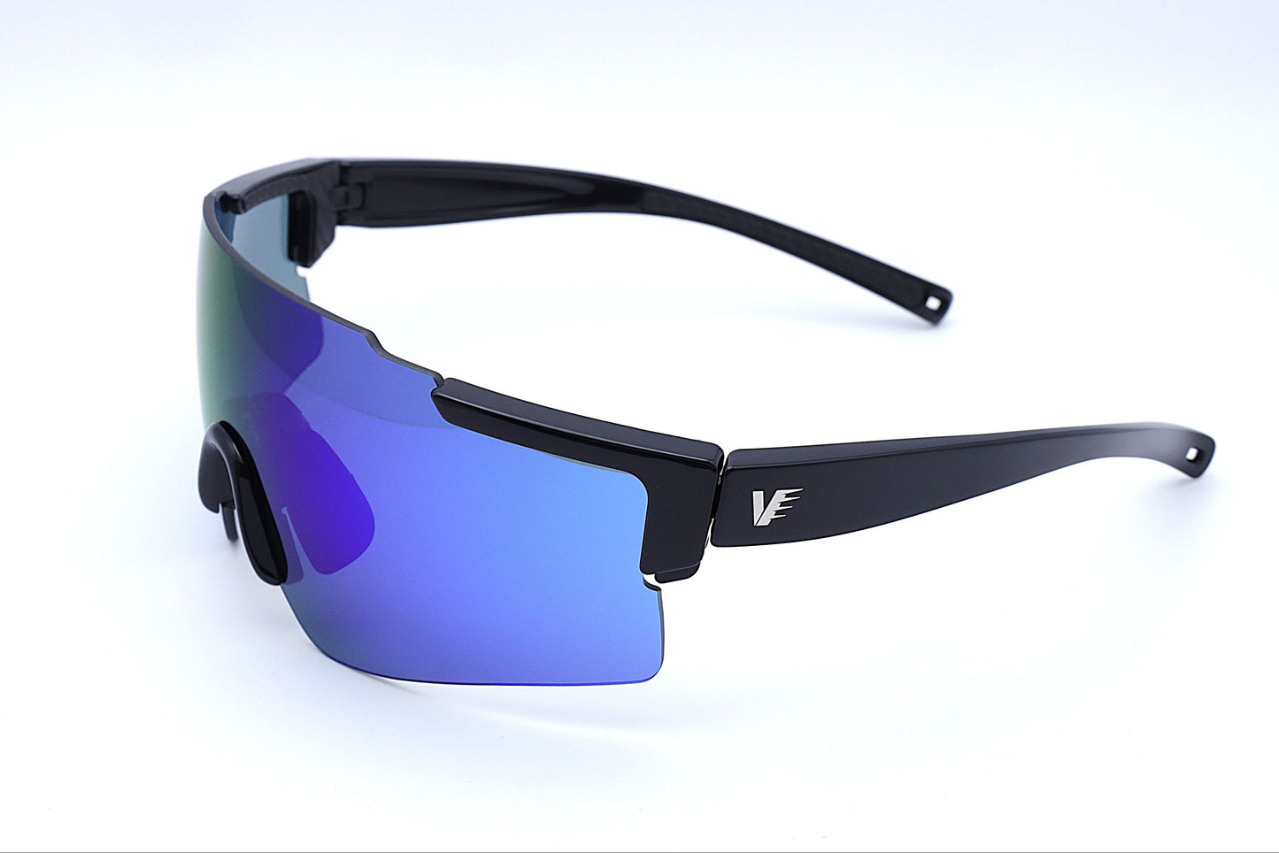 pickleball sunglasses with black frame and blue reflective lenses on a white background