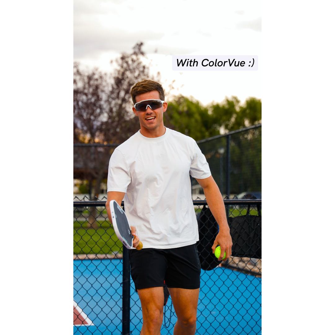 Man on a pickleball court holding a paddle and ball, with 'ColorVue' text overlay.